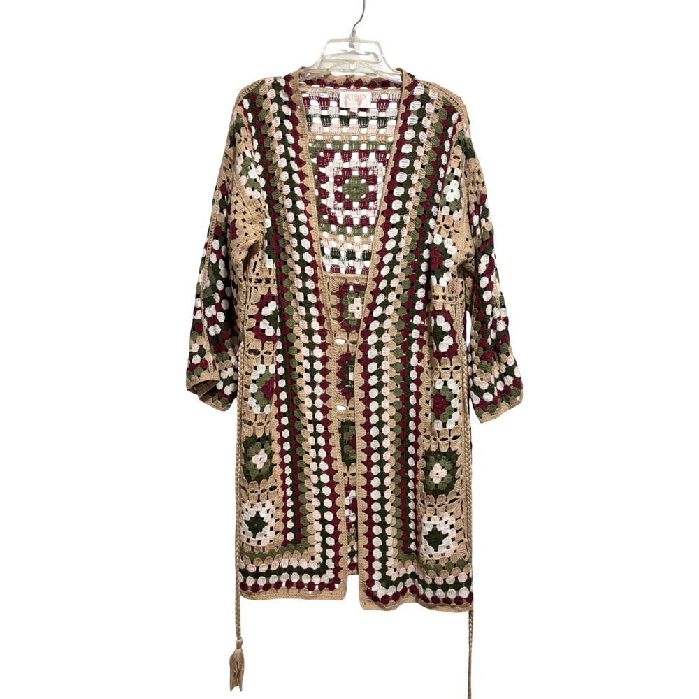 Audrey Parks Francesca's Crochet Duster Cardigan Multicolor Granny Square S/M